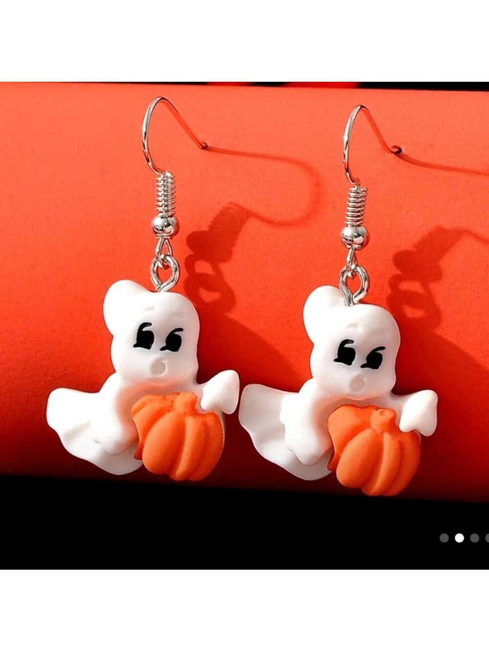 Cute Dangle Resin Ghost Earrings Holding A  Pumpkin